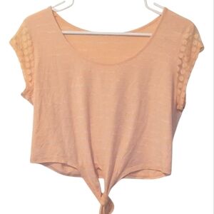 Poof! Cropped Lace Peach Striped Tie-Front Top Size Medium